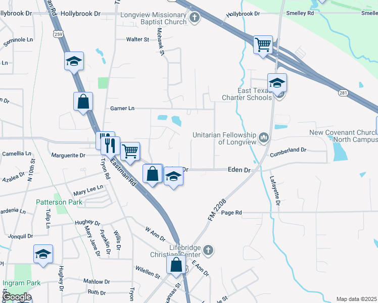 map of restaurants, bars, coffee shops, grocery stores, and more near 1606 Stanley Drive in Longview