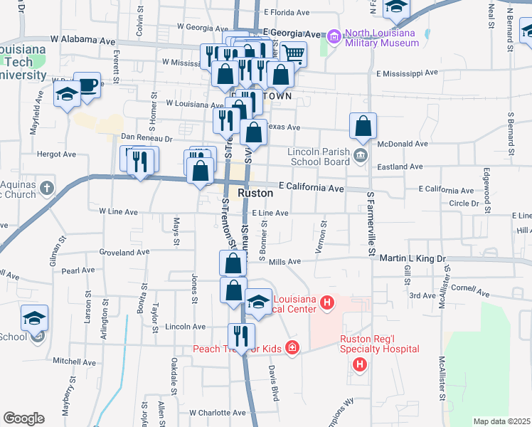 map of restaurants, bars, coffee shops, grocery stores, and more near 204 East Line Avenue in Ruston