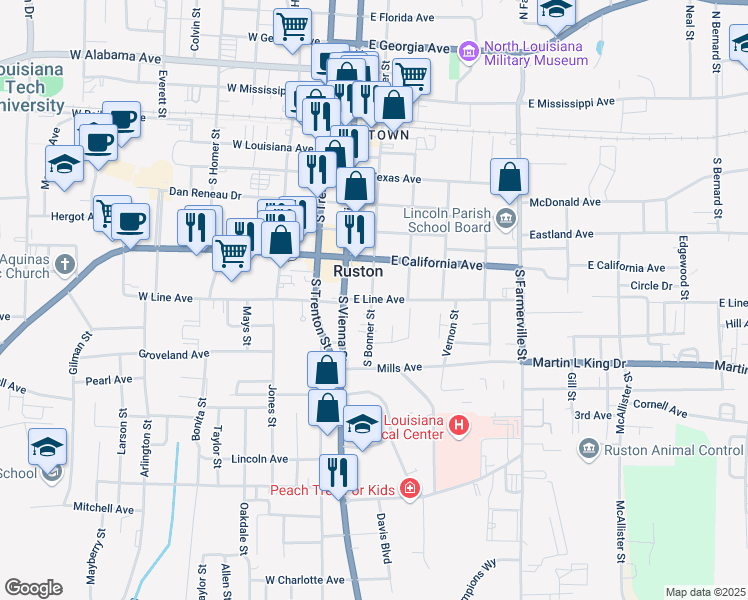 map of restaurants, bars, coffee shops, grocery stores, and more near 204 East Line Avenue in Ruston