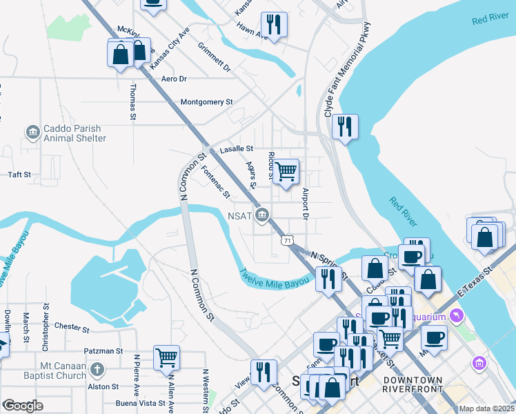 map of restaurants, bars, coffee shops, grocery stores, and more near 349 North Market Street in Shreveport