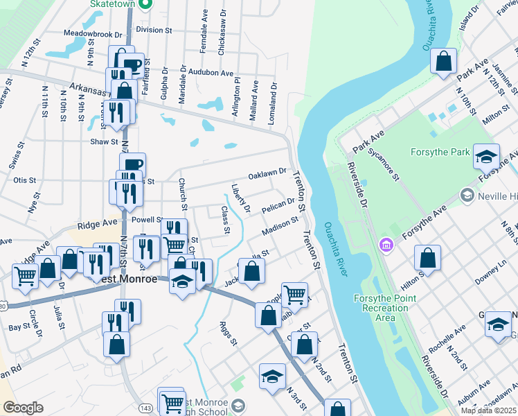 map of restaurants, bars, coffee shops, grocery stores, and more near 218 Pelican Drive in West Monroe