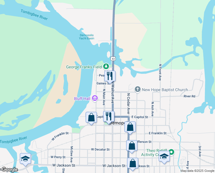 map of restaurants, bars, coffee shops, grocery stores, and more near 101-105 West Fulton Street in Demopolis