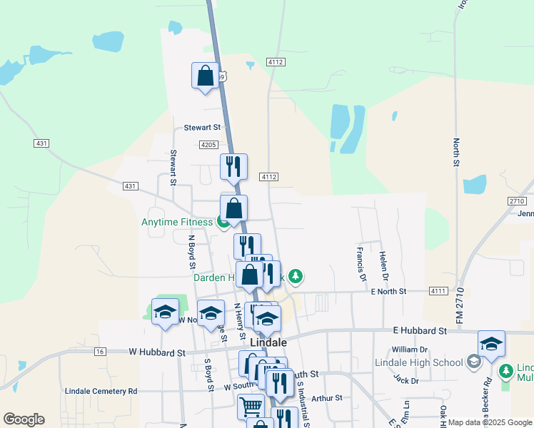 map of restaurants, bars, coffee shops, grocery stores, and more near 313 Washington Street in Lindale