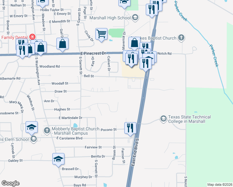 map of restaurants, bars, coffee shops, grocery stores, and more near 925 Bergstrom Pl in Marshall