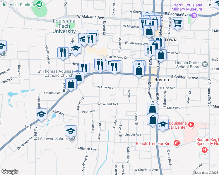map of restaurants, bars, coffee shops, grocery stores, and more near 599 West Line Avenue in Ruston