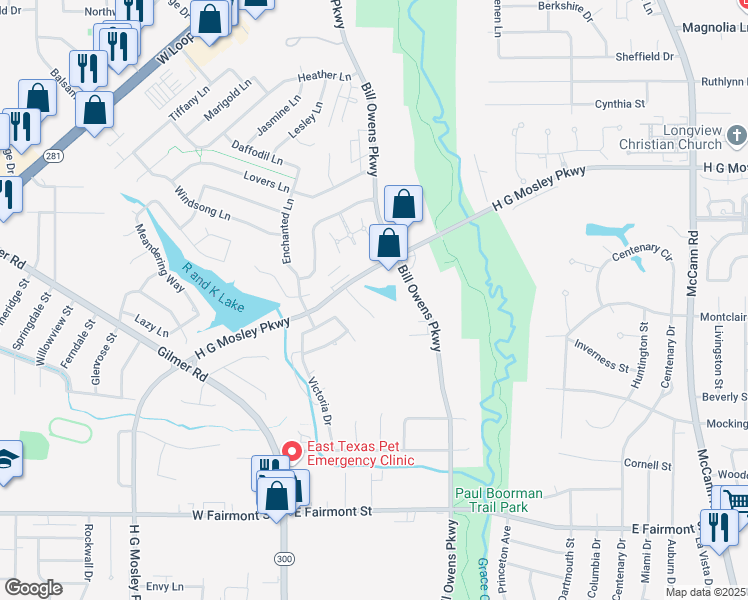 map of restaurants, bars, coffee shops, grocery stores, and more near 1408 Lago Trail in Longview