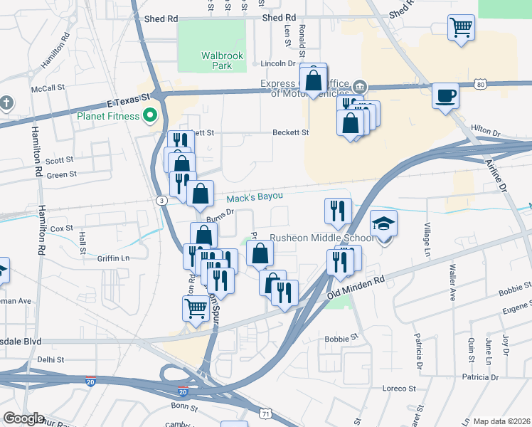 map of restaurants, bars, coffee shops, grocery stores, and more near 514 Preston Boulevard in Bossier City