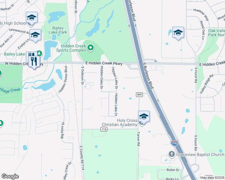 map of restaurants, bars, coffee shops, grocery stores, and more near 1008 Hidden Lake Drive in Burleson