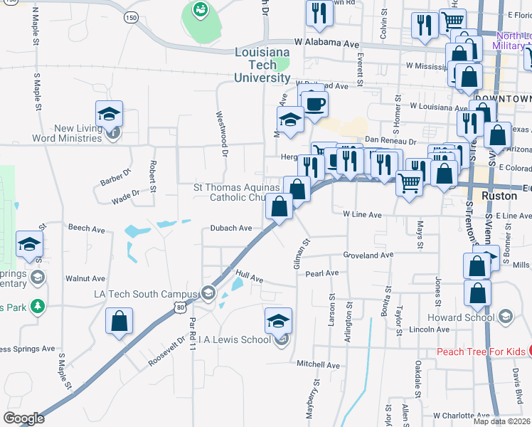 map of restaurants, bars, coffee shops, grocery stores, and more near 711 Tech Drive in Ruston