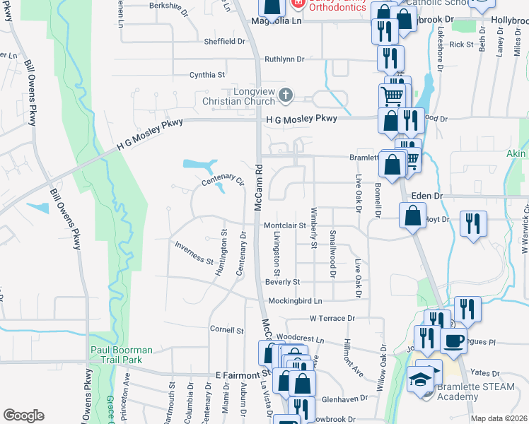 map of restaurants, bars, coffee shops, grocery stores, and more near 23 Stonegate Drive in Longview