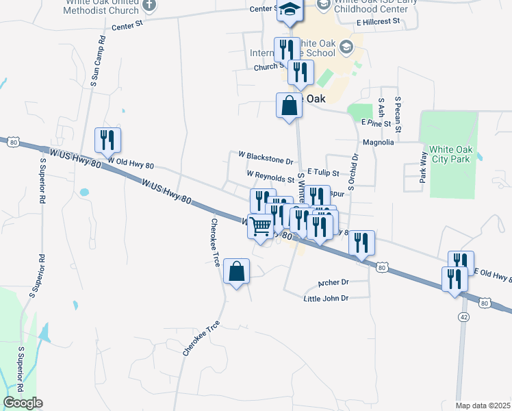 map of restaurants, bars, coffee shops, grocery stores, and more near 709 Smith Street in White Oak