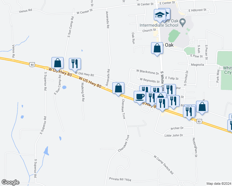 map of restaurants, bars, coffee shops, grocery stores, and more near 522 West US Highway 80 in White Oak