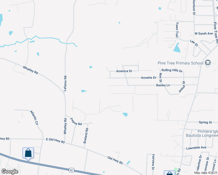 map of restaurants, bars, coffee shops, grocery stores, and more near 1332 Baxley Lane in Longview