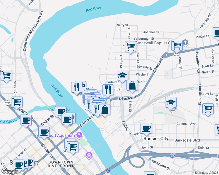 map of restaurants, bars, coffee shops, grocery stores, and more near 104 Adair Street in Bossier City