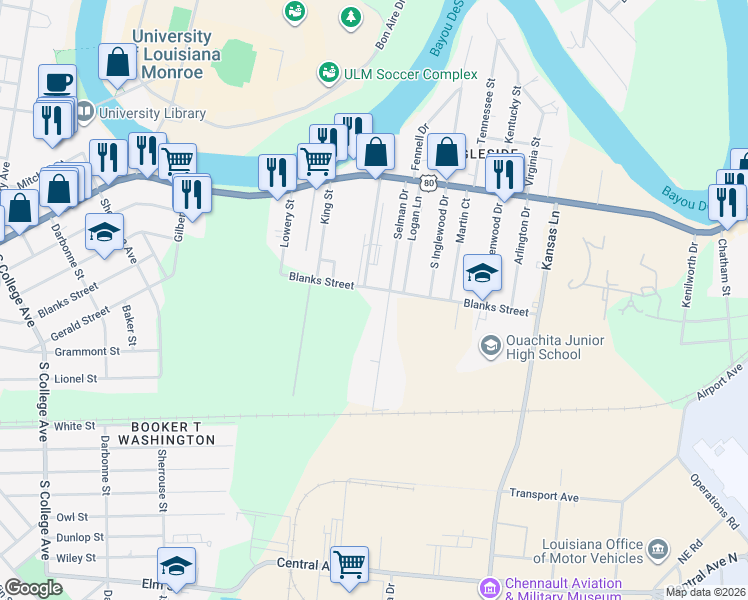 map of restaurants, bars, coffee shops, grocery stores, and more near 200 Selman Drive in Monroe