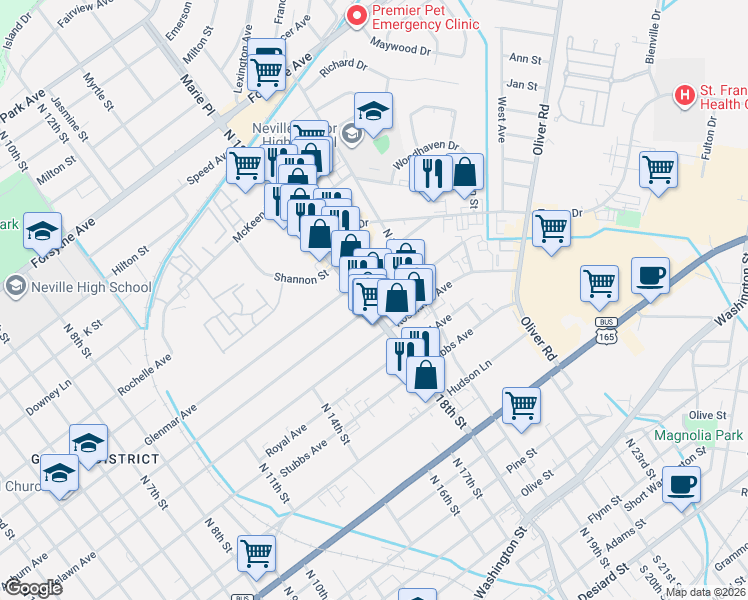 map of restaurants, bars, coffee shops, grocery stores, and more near 1801 Auburn Avenue in Monroe