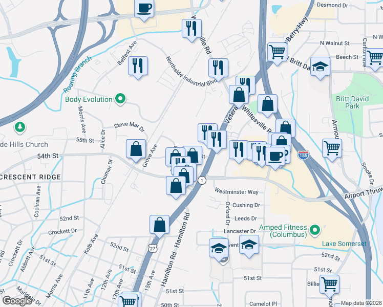 map of restaurants, bars, coffee shops, grocery stores, and more near 5505 15th Avenue in Columbus