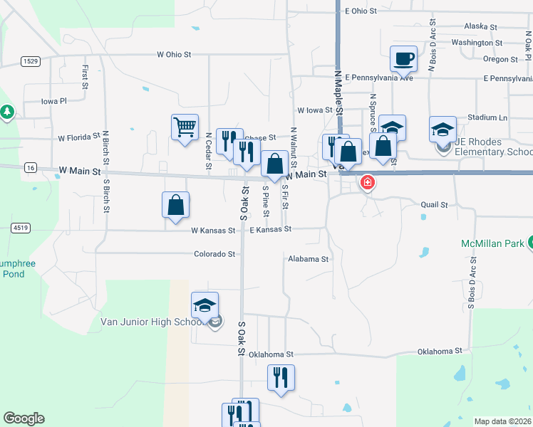 map of restaurants, bars, coffee shops, grocery stores, and more near 213 S Pine St in Van