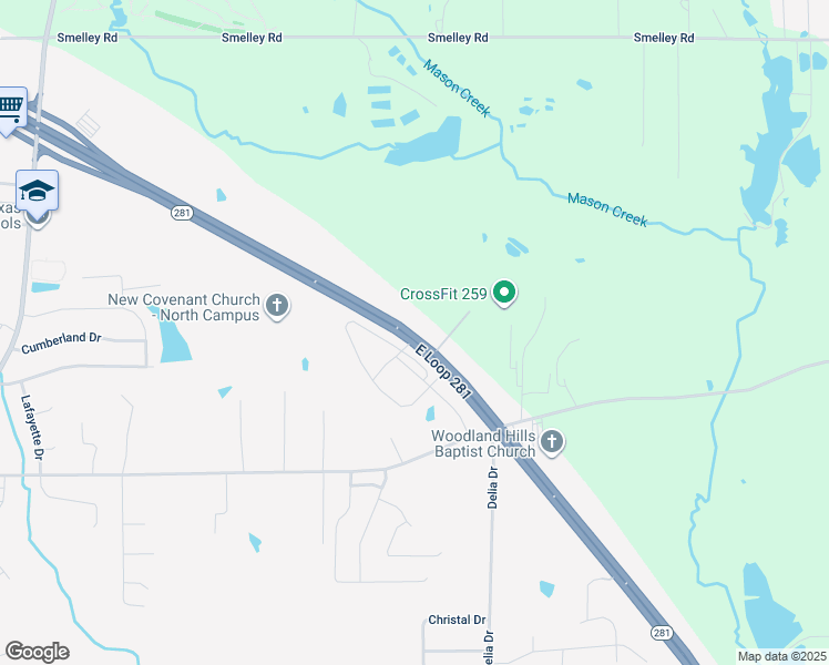 map of restaurants, bars, coffee shops, grocery stores, and more near 1805 East Loop 281 in Longview