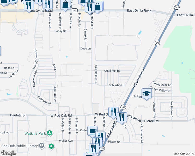 map of restaurants, bars, coffee shops, grocery stores, and more near 116 Oak Hollow Lane in Red Oak