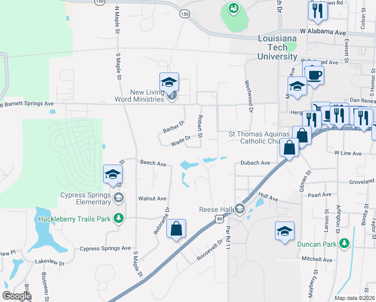 map of restaurants, bars, coffee shops, grocery stores, and more near 1702 Lind Drive in Ruston