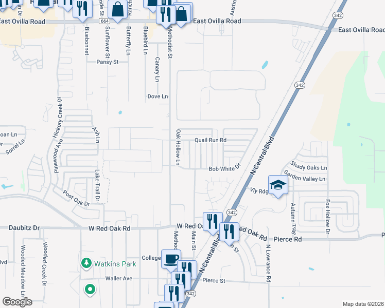 map of restaurants, bars, coffee shops, grocery stores, and more near 110 Clover Leaf Lane in Red Oak