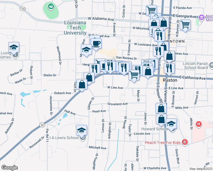 map of restaurants, bars, coffee shops, grocery stores, and more near 609 Bond Street in Ruston
