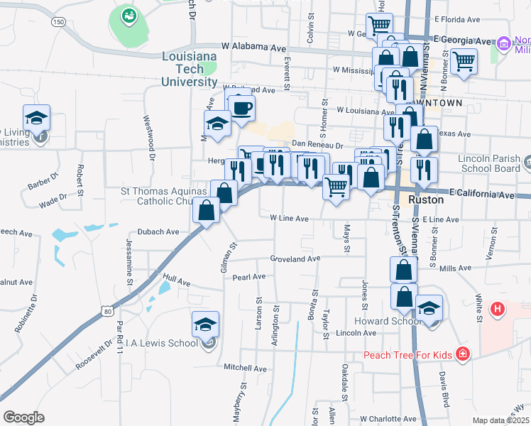 map of restaurants, bars, coffee shops, grocery stores, and more near 609 Bond Street in Ruston