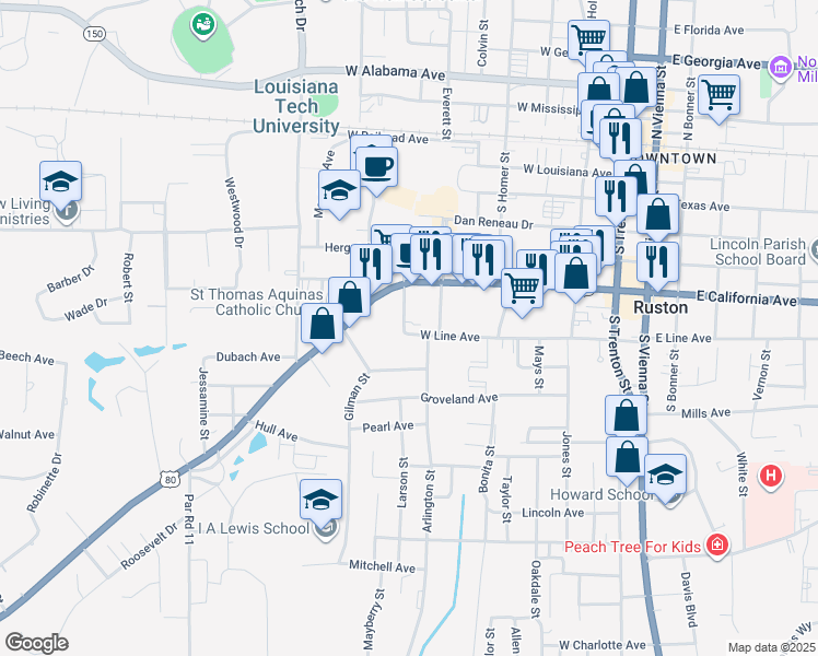map of restaurants, bars, coffee shops, grocery stores, and more near 609 Bond Street in Ruston