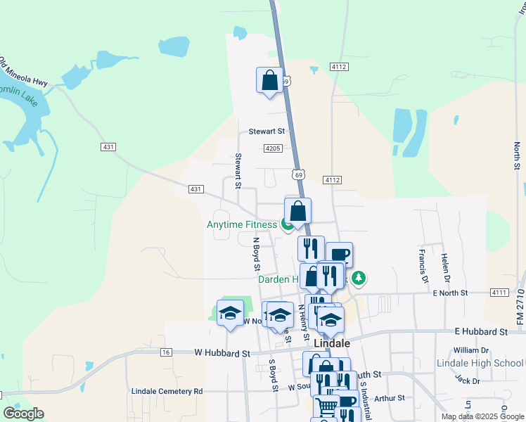 map of restaurants, bars, coffee shops, grocery stores, and more near 215 Christine Street in Lindale