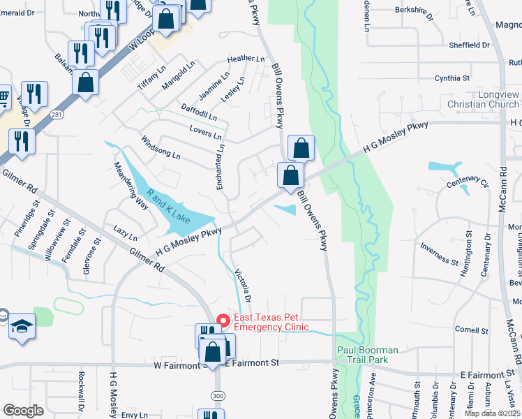 map of restaurants, bars, coffee shops, grocery stores, and more near 2220 Lago Trail in Longview