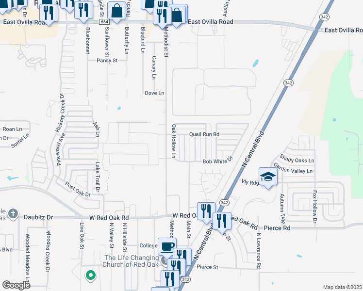 map of restaurants, bars, coffee shops, grocery stores, and more near 113 Clover Leaf Lane in Red Oak