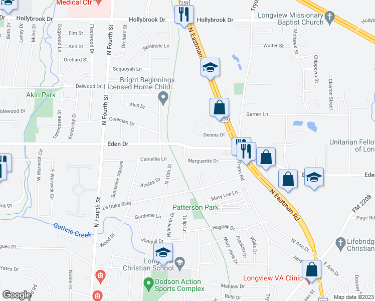 map of restaurants, bars, coffee shops, grocery stores, and more near 1 Marguerite Drive in Longview