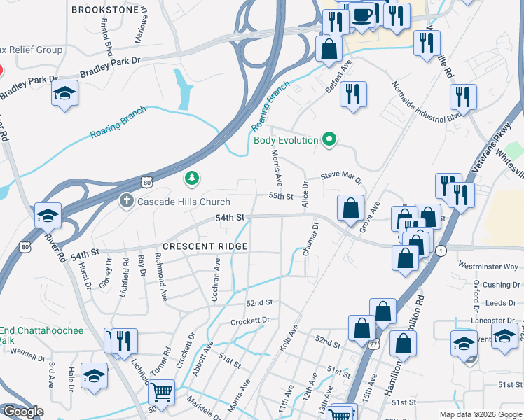 map of restaurants, bars, coffee shops, grocery stores, and more near 1013 54th Street in Columbus