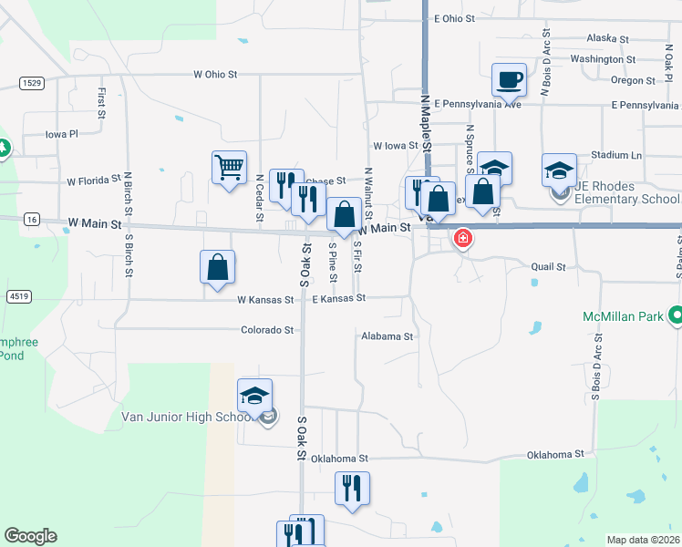 map of restaurants, bars, coffee shops, grocery stores, and more near 101-213 S Pine St in Van