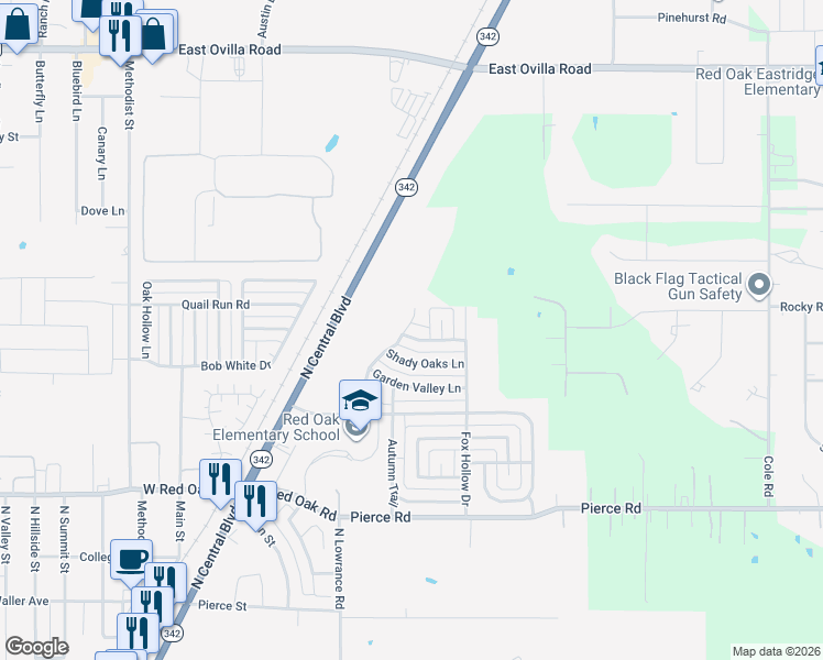map of restaurants, bars, coffee shops, grocery stores, and more near 314 Shadow Bend Drive in Red Oak