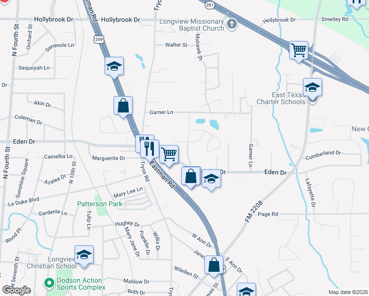 map of restaurants, bars, coffee shops, grocery stores, and more near 1803 Yellowstone Drive in Longview