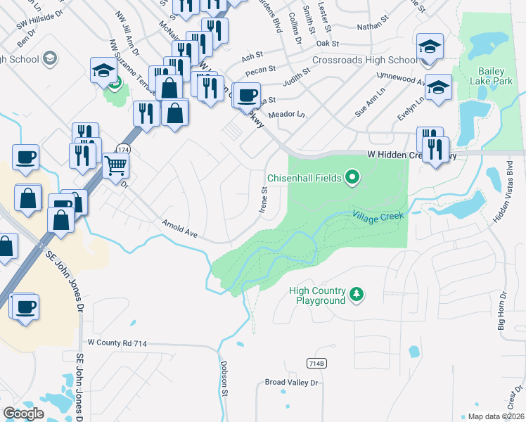 map of restaurants, bars, coffee shops, grocery stores, and more near 1016 Irene Street in Burleson