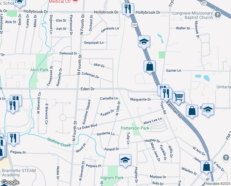 map of restaurants, bars, coffee shops, grocery stores, and more near 2104 Oliver Avenue in Longview