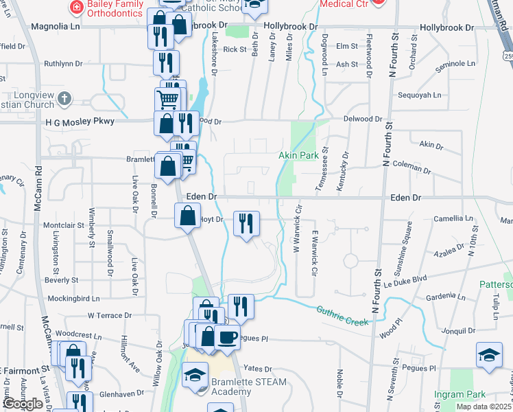 map of restaurants, bars, coffee shops, grocery stores, and more near 330 Eden Drive in Longview