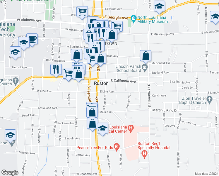 map of restaurants, bars, coffee shops, grocery stores, and more near 605 South Bonner Street in Ruston