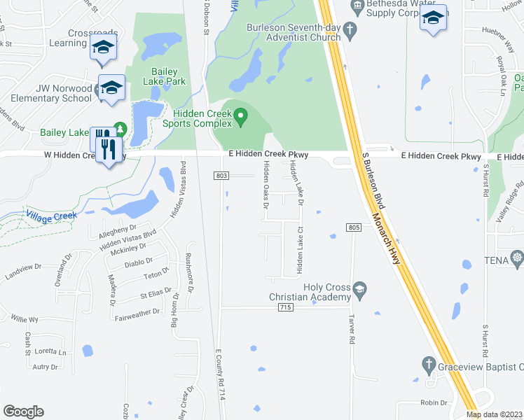 map of restaurants, bars, coffee shops, grocery stores, and more near 1016 Hidden Oaks Drive in Burleson