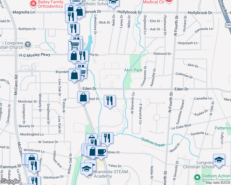map of restaurants, bars, coffee shops, grocery stores, and more near 330 Eden Drive in Longview