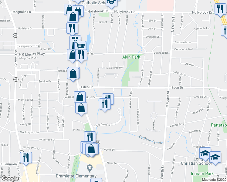 map of restaurants, bars, coffee shops, grocery stores, and more near 6 Serendipity Drive in Longview