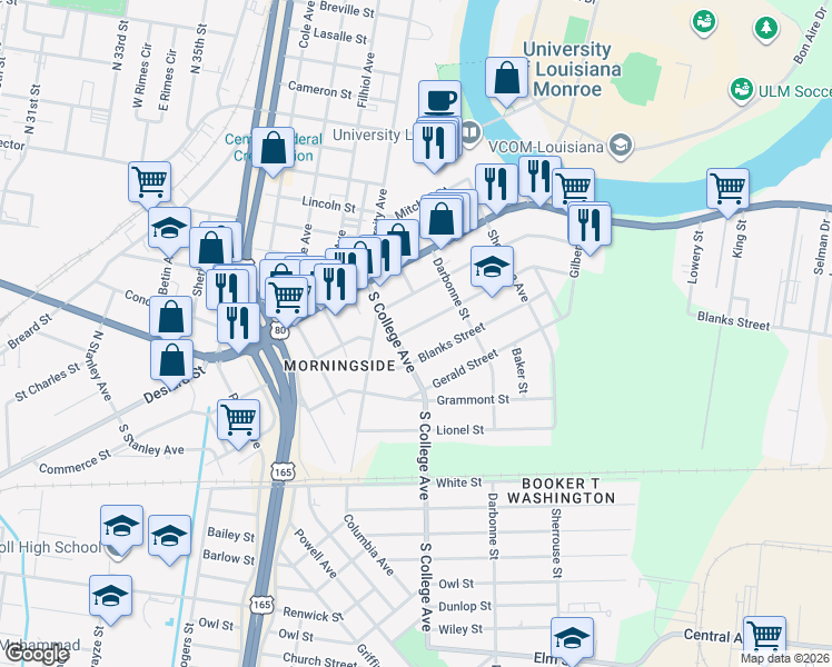 map of restaurants, bars, coffee shops, grocery stores, and more near 3804 Harrison Street in Monroe