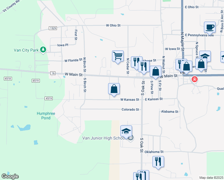 map of restaurants, bars, coffee shops, grocery stores, and more near 199 South Cherry Lane in Van