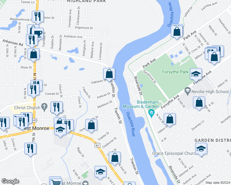 map of restaurants, bars, coffee shops, grocery stores, and more near 2204 Trenton Street in West Monroe