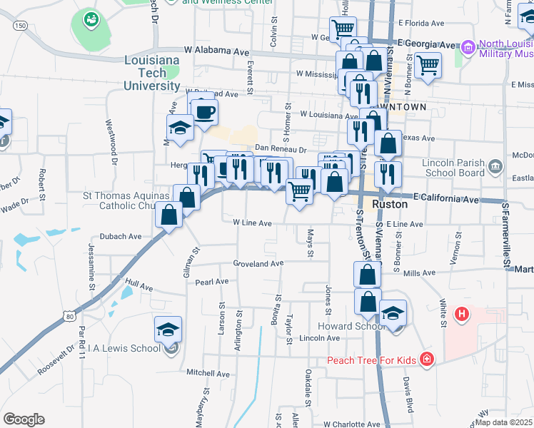 map of restaurants, bars, coffee shops, grocery stores, and more near 601-625 Adams St in Ruston