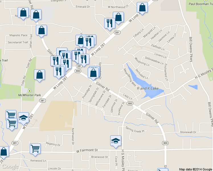 map of restaurants, bars, coffee shops, grocery stores, and more near 1610 Gilmer Rd in Longview