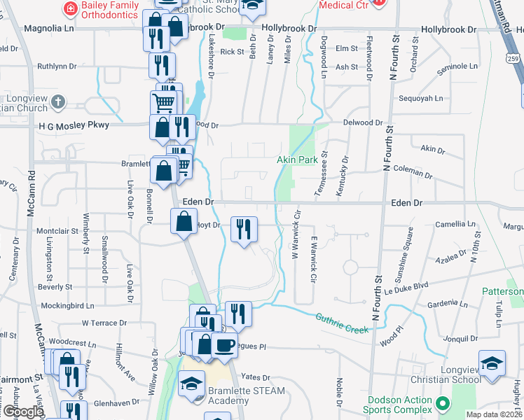 map of restaurants, bars, coffee shops, grocery stores, and more near 330 Eden Drive in Longview